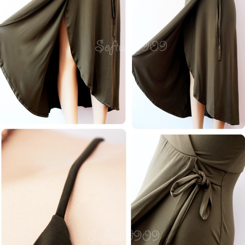 Last☝️ Olive Green Plunge Surplice Maxi Wrap Dress - Picture 4 of 8